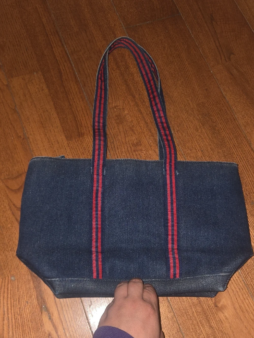 Denim Tote Bag with Red Stripe Handles - Picture 5 of 10